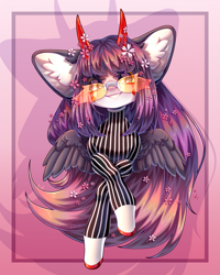 Size: 1717x2146 | Tagged: safe, artist:kumoto, derpibooru import, oc, oc only, pegasus, pony, bust, clothes, crossed hooves, devil horns, ear fluff, ears, flower, flower in hair, grin, horns, looking at you, smiling, solo, sunglasses