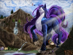 Size: 2048x1536 | Tagged: safe, artist:prp-2, derpibooru import, earth pony, pegasus, pony, female, giant pony, macro, mare, mountain, scenery, valley, village, walking