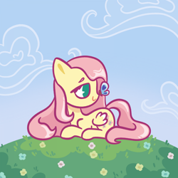 Size: 1920x1920 | Tagged: safe, artist:croustillon, derpibooru import, fluttershy, butterfly, pegasus, pony, butterfly on nose, cute, female, grass, head turn, insect on nose, lying down, mare, meadow, prone, shyabetes, smiling, solo