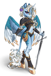 Size: 2000x3000 | Tagged: safe, artist:tinea, derpibooru import, oc, oc only, alicorn, anthro, unguligrade anthro, alicorn oc, black and yellow, clothes, colored wings, commission, female, high res, horn, leotard, looking at you, midriff, simple background, solo, sword, two toned wings, weapon, white background, wings