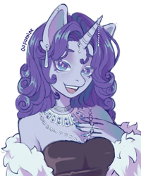 Size: 1717x2146 | Tagged: safe, artist:00pamine, derpibooru import, rarity, anthro, unicorn, bare shoulders, bust, clothes, dress, ear piercing, earring, female, horn, jewelry, looking at you, necklace, open mouth, open smile, pearl necklace, piercing, simple background, smiling, solo, white background