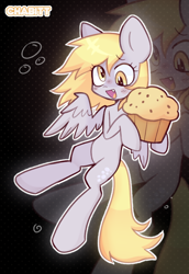 Size: 1632x2368 | Tagged: safe, artist:chabitt4, derpibooru import, derpy hooves, pegasus, pony, g4, black and yellow, cute, cute little fangs, fangs, female, flying, food, giant muffin, holding, mare, muffin, open mouth, open smile, smiling, solo, zoom layer