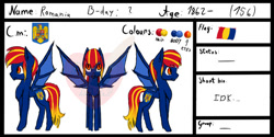 Size: 750x375 | Tagged: safe, artist:creampaint12, derpibooru import, bat pony, pony, nation ponies, ponified, reference sheet, romania, solo, species swap