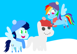 Size: 3553x2499 | Tagged: safe, anonymous artist, derpibooru exclusive, derpibooru import, rainbow dash, soarin', pegasus, pony, series:soarindash all seasons, series:soarindash winter, female, male, mare, pointy ponies, shipping, smiling, snow, snowpony, soarindash, stallion, straight, winter, winter clothes