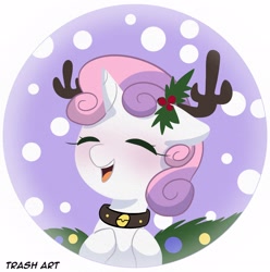 Size: 2028x2048 | Tagged: safe, artist:eltrash_art6, derpibooru import, part of a set, sweetie belle, g4, antlers, blushing, christmas, cute, cutie mark crusaders, diasweetes, eyes closed, female, filly, foal, holiday, holly, holly mistaken for mistletoe, horn, icon, profile picture, reindeer antlers, smiling, snow, solo