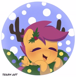 Size: 2028x2048 | Tagged: safe, artist:eltrash_art6, derpibooru import, part of a set, scootaloo, pegasus, g4, antlers, blushing, christmas, cute, cutealoo, eyes closed, female, filly, foal, holiday, holly, holly mistaken for mistletoe, icon, orange coat, purple mane, reindeer antlers, snow, wings