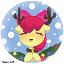 Size: 2028x2048 | Tagged: safe, artist:eltrash_art6, derpibooru import, part of a set, apple bloom, earth pony, pony, g4, adorabloom, antlers, applebetes, blushing, christmas, collar, cute, eyes closed, female, filly, foal, holiday, red mane, reindeer antlers, ribbon, smiling, snow, snowfall, yellow coat