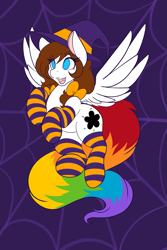 Size: 1365x2048 | Tagged: safe, artist:mscolorsplash, derpibooru import, oc, oc only, oc:color splash, pegasus, pony, clothes, female, flying, halloween, hat, holiday, mare, no pupils, open mouth, open smile, smiling, socks, solo, spread wings, striped socks, wings, witch hat