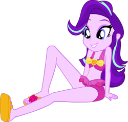 Size: 1406x1336 | Tagged: safe, alternate version, artist:dustinwatsongkx, derpibooru import, starlight glimmer, human, equestria girls, g4, bare shoulders, belly, belly button, bikini, clothes, clothes swap, feet, female, hatless, midriff, missing accessory, one-piece swimsuit, pinkie pie swimsuit, sandals, simple background, sleeveless, solo, swimsuit, swimsuit swap, transparent background, vector