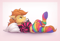 Size: 2966x2037 | Tagged: safe, artist:itssim, derpibooru import, braeburn, earth pony, pony, g4, cheek fluff, chest fluff, clothes, lacrimal caruncle, lying down, male, my little pony the movie: soarin & braeburn, on back, pillow, rainbow socks, socks, solo, stallion, striped socks, torn clothes, underhoof