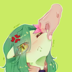 Size: 1024x1024 | Tagged: safe, artist:iamsmileo, derpibooru import, oc, oc only, oc:lamey, :<, blushing, clothes, cross-popping veins, emanata, eye clipping through hair, flower, flower in hair, green background, hand, long mane, necktie, one eye closed, pinch, simple background, solo focus, sweat