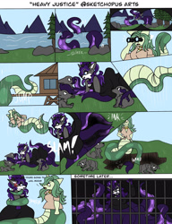 Size: 2048x2663 | Tagged: safe, artist:blazep0ny, derpibooru import, oc, oc:lamey, oc:stella, anthro, lamia, octopus, original species, snake, snake pony, wolf, binoculars, body slam, coils, comic, dialogue, hole, jail, jewelry, makeup, onomatopoeia, river, tentacles, water