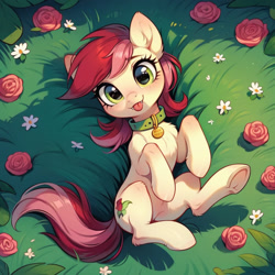 Size: 1024x1024 | Tagged: safe, ai content, derpibooru import, generator:pony diffusion v6 xl, generator:stable diffusion, machine learning generated, roseluck, earth pony, pony, g4, :p, behaving like a cat, collar, fangs, fluffy, looking at you, lying down, pet tag, pony pet, prompter:doom9454, rosepet, solo, tongue, tongue out