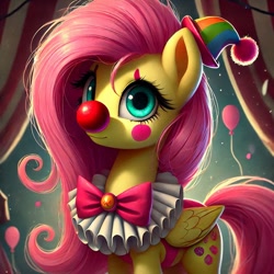 Size: 1024x1024 | Tagged: safe, ai content, derpibooru import, generator:bing image creator, generator:dall-e 3, machine learning generated, fluttershy, pegasus, g4, alternate cutie mark, balloon, bowtie, clown, clown nose, female, hat, mare, prompter:heydude5321, red nose, solo, wings