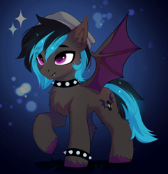 Size: 480x498 | Tagged: safe, artist:empress-twilight, derpibooru import, oc, oc only, oc:record stereo, bat pony, pony, beanie, black and blue mane, black and blue tail, black coat, bracelet, chest fluff, choker, colored hooves, colored pupils, colored wings, commission, ear fluff, ear tufts, ears, eye clipping through hair, eyebrows, eyebrows visible through hair, fangs, gradient background, hat, hock fluff, hooves, jewelry, leg fluff, magenta pupils, male, male oc, pink eyes, pink pupils, purple hooves, raised hoof, raised leg, shiny mane, shiny tail, smiling, solo, sparkles, spread wings, stallion, stallion oc, standing, standing on three hooves, studded bracelet, studded choker, tail, three quarter view, two toned mane, two toned tail, two toned wings, unshorn fetlocks, wings, ych result