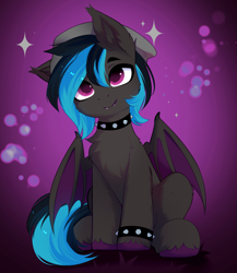 Size: 3517x4045 | Tagged: safe, artist:empress-twilight, derpibooru import, oc, oc:record stereo, bat pony, pony, beanie, black and blue mane, black and blue tail, black coat, body fluff, bracelet, chest fluff, choker, colored hooves, colored pupils, colored wings, commission, ear fluff, ear tufts, ears, facing you, fangs, gradient background, hat, hock fluff, hooves, jewelry, magenta pupils, male, male oc, partially open wings, pink eyes, pink pupils, purple hooves, shiny mane, shiny tail, sitting, smiling, solo, sparkles, stallion, stallion oc, studded bracelet, studded choker, tail, two toned mane, two toned tail, two toned wings, unshorn fetlocks, wings, ych result