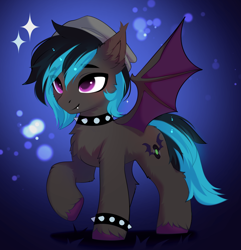 Size: 3342x3468 | Tagged: safe, alternate version, artist:empress-twilight, derpibooru import, oc, oc:record stereo, bat pony, pony, beanie, black and blue mane, black and blue tail, black coat, bracelet, chest fluff, choker, colored hooves, colored pupils, colored wings, commission, ear fluff, ear tufts, ears, eye clipping through hair, eyebrows, eyebrows visible through hair, fangs, gradient background, hat, hock fluff, hooves, jewelry, leg fluff, magenta pupils, male, male oc, pink eyes, pink pupils, purple hooves, raised hoof, raised leg, shiny mane, shiny tail, smiling, solo, sparkles, spread wings, stallion, stallion oc, standing, standing on three hooves, studded bracelet, studded choker, tail, three quarter view, two toned mane, two toned tail, two toned wings, unshorn fetlocks, wings, ych result