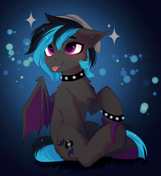 Size: 4059x4432 | Tagged: safe, artist:empress-twilight, derpibooru import, oc, oc only, oc:record stereo, pony, :p, back fluff, beanie, black and blue mane, black and blue tail, black coat, blushing, bracelet, butt fluff, chest fluff, choker, colored hooves, colored pupils, colored wings, commission, ear fluff, ear tufts, ears, eyebrows, eyebrows visible through hair, fangs, floppy ears, gradient background, hat, head turn, hock fluff, hoof fluff, hooves, jewelry, leg fluff, magenta pupils, male, male oc, partially open wings, pink eyes, pink pupils, purple hooves, raised leg, shiny mane, shiny tail, sitting, smiling, solo, sparkles, stallion, stallion oc, studded bracelet, studded choker, tail, three quarter view, tongue, tongue out, two toned mane, two toned tail, two toned wings, underhoof, unshorn fetlocks, wings, ych result