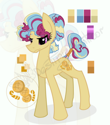 Size: 1138x1286 | Tagged: safe, artist:destiny_manticor, derpibooru import, oc, oc only, earth pony, pony, adoptable, auction, body markings, bun hairstyle, curly hair, curly mane, cutie mark, female, food, mare, obtrusive watermark, palette, reference sheet, signature, simple background, solo, tail, three quarter view, three toned mane, unnamed oc, watermark