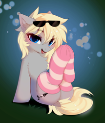 Size: 3013x3507 | Tagged: safe, artist:empress-twilight, derpibooru import, oc, oc only, oc:vaporub, earth pony, pony, blonde, blonde mane, blonde tail, blue eyes, blue pupils, blushing, cheek fluff, chest fluff, clothes, colored pupils, commission, dock, dock fluff, ear fluff, ears, eye clipping through hair, eyebrows, eyebrows visible through hair, eyelashes, eyeshadow, female, gradient background, gray coat, high res, lidded eyes, looking at you, makeup, mare, open mouth, open smile, purple eyeshadow, raised leg, shiny mane, shiny tail, sitting, smiling, smiling at you, socks, solo, sparkles, striped socks, sunglasses, sunglasses on head, tail, thick eyelashes, thin, three quarter view, underhoof, ych result