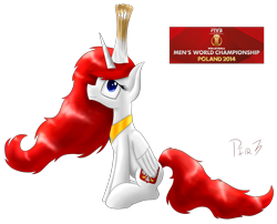 Size: 1546x1250 | Tagged: safe, artist:p0nfir3, derpibooru import, oc, oc:poland, pony, 2014, long mane, nation ponies, old art, peytral, poland, ponified, simple background, solo, species swap, sports, transparent background, trophy, volleyball