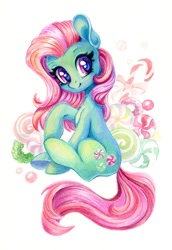 Size: 1032x1500 | Tagged: safe, artist:maytee, derpibooru import, minty, earth pony, pony, g3, colored pencil drawing, long mane, simple background, sitting, solo, traditional art, white background