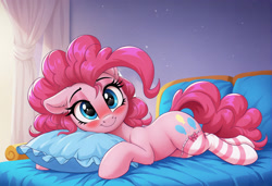 Size: 2104x1440 | Tagged: safe, ai content, derpibooru import, machine learning generated, pinkie pie, earth pony, pony, g4, bed, blushing, clothes, cute, female, generator:zoinksnoob, indoors, looking at you, lying down, mare, on bed, one ear down, pillow, prompter:siber, prone, smiling, smiling at you, socks, solo, striped socks, thigh highs, window