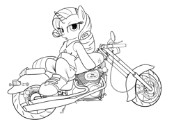 Size: 2830x1990 | Tagged: safe, artist:acharmingpony, derpibooru import, rarity, pony, semi-anthro, unicorn, g4, backwards, black and white, drawthread, female, grayscale, horn, lineart, mare, monochrome, motorcycle, simple background, solo, white background