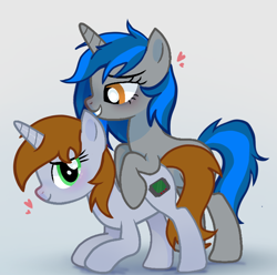 Size: 1290x1280 | Tagged: safe, derpibooru import, oc, oc only, oc:homage, oc:littlepip, unicorn, fallout equestria, duet, female, heart, horn, hug, hug from behind, lesbian, oc x oc, ship:pipmage, shipping