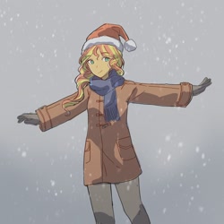 Size: 2048x2048 | Tagged: safe, artist:dusknebula, derpibooru import, sunset shimmer, human, equestria girls, g4, christmas, clothes, female, gloves, gradient background, hat, holiday, looking at you, santa hat, scarf, smiling, snow, snowfall, solo, winter outfit