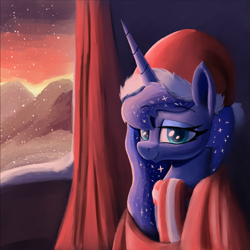 Size: 1549x1549 | Tagged: safe, artist:maretian, derpibooru import, princess luna, alicorn, pony, g4, blanket, blanket burrito, christmas, clothes, curtains, ethereal mane, female, hat, holiday, lidded eyes, looking at you, mare, santa hat, scarf, smiling, snow, snowfall, solo, starry mane, window, winter