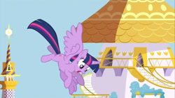 Size: 1280x720 | Tagged: safe, derpibooru import, screencap, twilight sparkle, twilight sparkle (alicorn), alicorn, g4, princess twilight sparkle (episode), canterlot, flying, my little pony: friendship is magic, solo