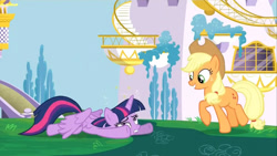 Size: 1280x720 | Tagged: safe, derpibooru import, screencap, applejack, twilight sparkle, twilight sparkle (alicorn), alicorn, earth pony, g4, princess twilight sparkle (episode), canterlot, female, my little pony: friendship is magic