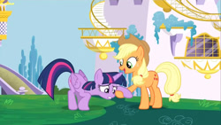 Size: 1280x720 | Tagged: safe, derpibooru import, screencap, applejack, twilight sparkle, twilight sparkle (alicorn), alicorn, earth pony, g4, princess twilight sparkle (episode), canterlot, female, my little pony: friendship is magic