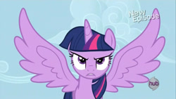 Size: 1280x720 | Tagged: safe, derpibooru import, screencap, twilight sparkle, twilight sparkle (alicorn), alicorn, g4, princess twilight sparkle (episode), female, hub logo, logo, my little pony: friendship is magic, solo, spread wings, the hub, wings