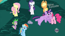 Size: 1280x720 | Tagged: safe, derpibooru import, screencap, applejack, fluttershy, pinkie pie, rainbow dash, rarity, spike, twilight sparkle, twilight sparkle (alicorn), alicorn, g4, princess twilight sparkle (episode), hub logo, logo, mane six, my little pony: friendship is magic, the hub