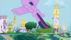 Size: 1280x720 | Tagged: safe, derpibooru import, screencap, twilight sparkle, twilight sparkle (alicorn), alicorn, g4, princess twilight sparkle (episode), canterlot, flying, hub logo, logo, my little pony: friendship is magic, solo, the hub