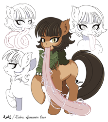 Size: 4000x4500 | Tagged: safe, artist:tonguetiedpony, derpibooru import, oc, oc only, oc:zahra, earth pony, pony, clothes, colored, concept art, drool, drool string, female, impossibly long tongue, long tongue, looking at you, mare, outline, prehensile tongue, scarf, tongue, tongue out, tongue play