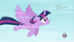 Size: 1280x720 | Tagged: safe, derpibooru import, screencap, twilight sparkle, twilight sparkle (alicorn), alicorn, g4, princess twilight sparkle (episode), female, flying, hub logo, logo, my little pony: friendship is magic, solo, the hub