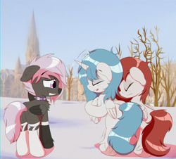 Size: 2500x2256 | Tagged: safe, artist:trackheadtherobopony, derpibooru import, oc, oc:kira (fl), oc:nara (fl), oc:onyx star, alicorn, pegasus, edinburgh, nervous, nervous smile, shivering, smiling, snow, winter