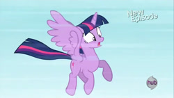 Size: 1280x720 | Tagged: safe, derpibooru import, screencap, twilight sparkle, twilight sparkle (alicorn), alicorn, g4, princess twilight sparkle (episode), female, flying, hub logo, logo, my little pony: friendship is magic, solo, the hub