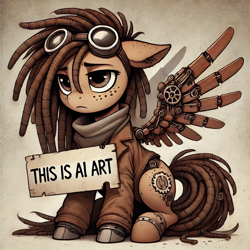 Size: 1024x1024 | Tagged: safe, ai content, derpibooru exclusive, derpibooru import, machine learning generated, oc, oc:ramona cogwright, earth pony, pony, artificial wings, augmented, brown eyes, brown hair, brown mane, dreadlocks, female, freckles, generator:chatgpt, goggles, goggles on head, holding sign, mechanical wing, prompter:venisoncreampie, simple background, solo, steampunk, wings