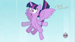 Size: 1280x720 | Tagged: safe, derpibooru import, screencap, twilight sparkle, twilight sparkle (alicorn), alicorn, g4, princess twilight sparkle (episode), coward, falling, female, flying, hub logo, logo, my little pony: friendship is magic, solo, the hub, twiwimp sparkle