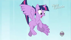 Size: 1280x720 | Tagged: safe, derpibooru import, screencap, twilight sparkle, twilight sparkle (alicorn), alicorn, g4, princess twilight sparkle (episode), coward, falling, female, flying, hub logo, logo, my little pony: friendship is magic, solo, the hub, twiwimp sparkle