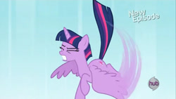 Size: 1280x720 | Tagged: safe, derpibooru import, screencap, twilight sparkle, twilight sparkle (alicorn), alicorn, g4, princess twilight sparkle (episode), falling, female, flying, hub logo, logo, my little pony: friendship is magic, solo, the hub