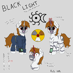 Size: 2048x2048 | Tagged: safe, artist:rusty kettle, derpibooru import, oc, oc only, oc:black light, hybrid, unicorn, zony, fallout equestria, blood, fallout equestria: magnum opus, horn, pipbuck, red eyes, reference sheet, solo, stripes