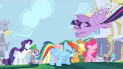 Size: 1280x720 | Tagged: safe, derpibooru import, screencap, applejack, fluttershy, pinkie pie, rainbow dash, rarity, spike, twilight sparkle, twilight sparkle (alicorn), alicorn, dragon, g4, princess twilight sparkle (episode), canterlot, female, flying, hub logo, logo, male, mane six, my little pony: friendship is magic, the hub