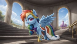 Size: 2560x1456 | Tagged: safe, ai content, derpibooru import, machine learning generated, rainbow dash, pegasus, pony, g4, clothes, cute, dashabetes, dress, gala dress, prompter:cypher, rainbow dash always dresses in style, rainbow dash is best pony, rainbow sass, solo