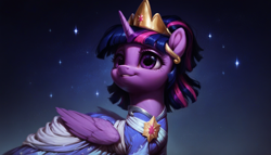 Size: 1344x768 | Tagged: safe, ai content, derpibooru import, machine learning generated, twilight sparkle, twilight sparkle (alicorn), alicorn, pony, the last problem, clothes, crown, dress, elegant, gown, horn, jewelry, prompter:cypher, regal, regalia, second coronation dress, solo