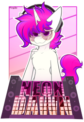 Size: 2160x3129 | Tagged: safe, artist:spoopy-abby, derpibooru import, oc, oc only, oc:neon dawn, pony, unicorn, badge, con badge, horn, solo